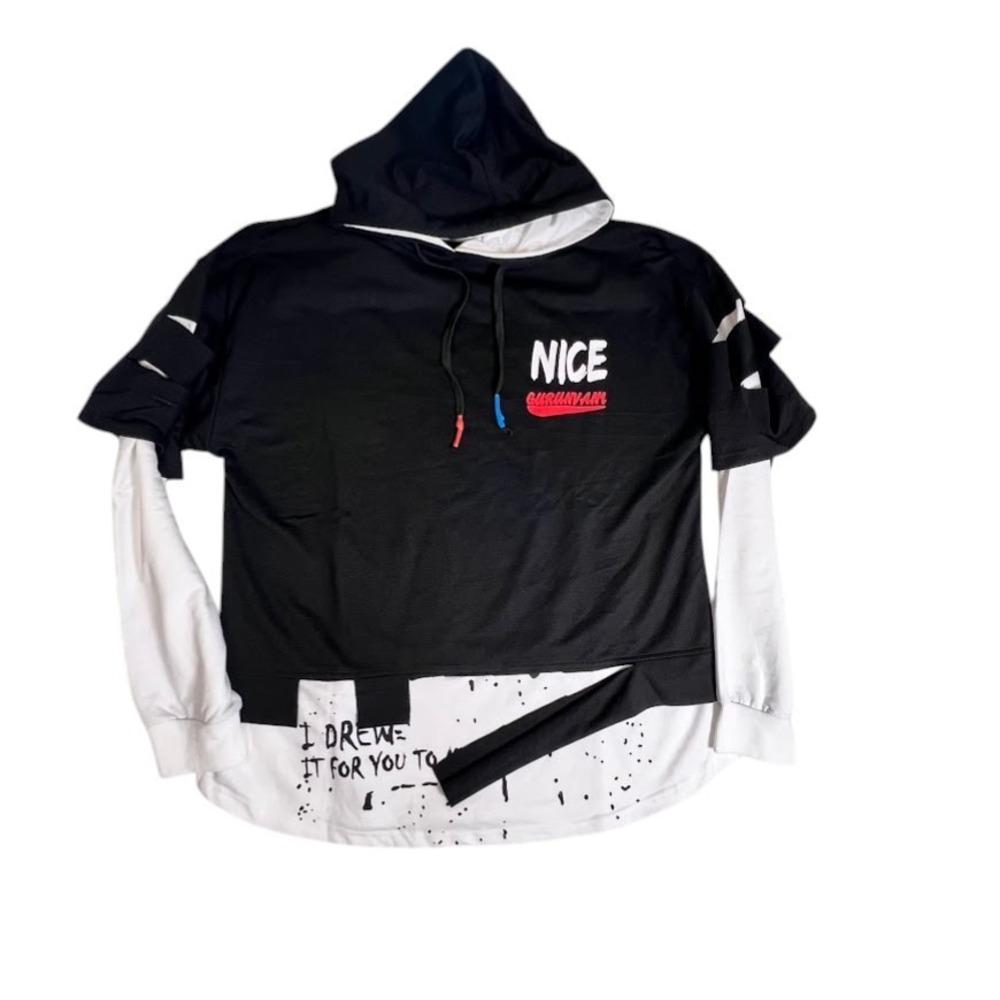 Gurunvani Men's M Layered Hoodie Black White Graphic Streetwear Pullover Goth